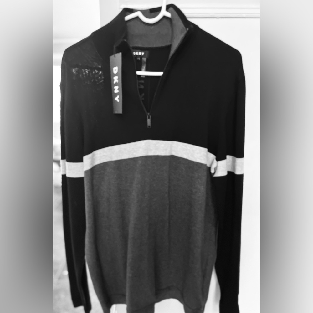 DKNY Men's Black and Gray Quarter Zip Sweater